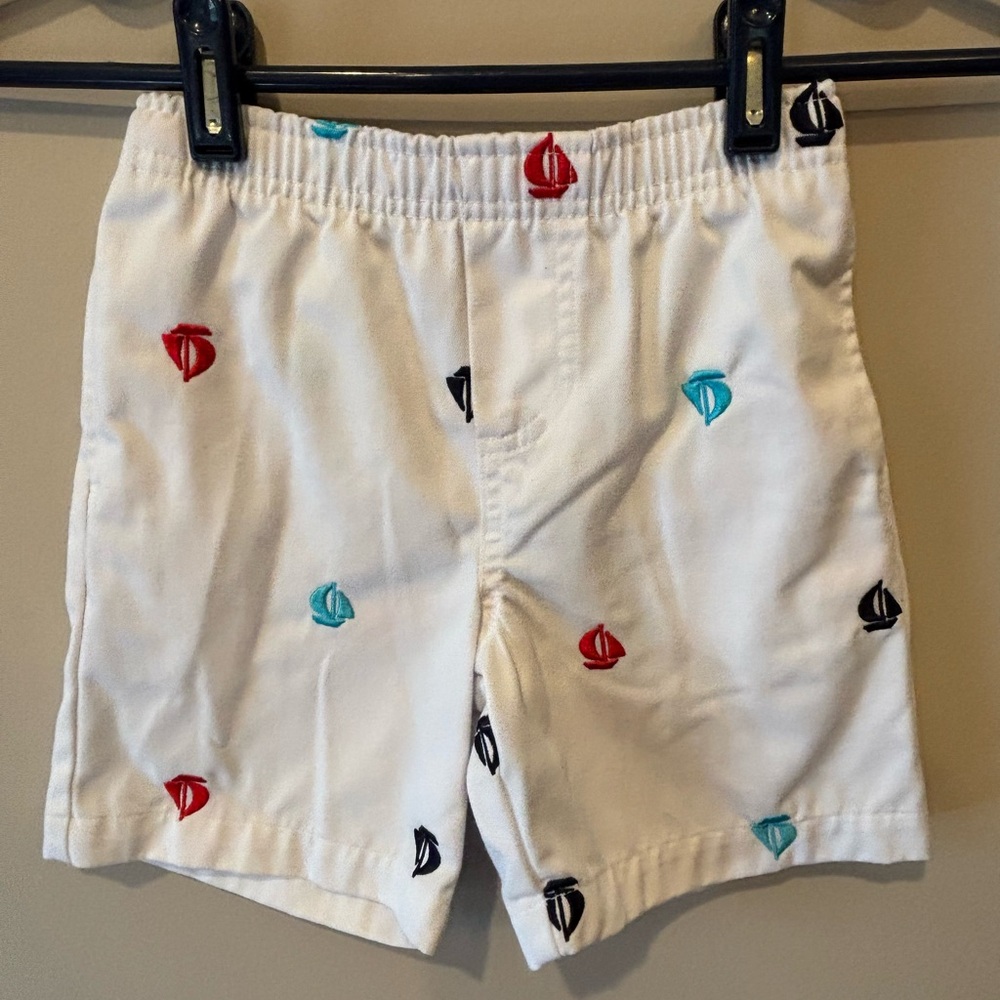 Kelly's Kids White Shorts with Red, Teal & Black Sailboat Embroidery